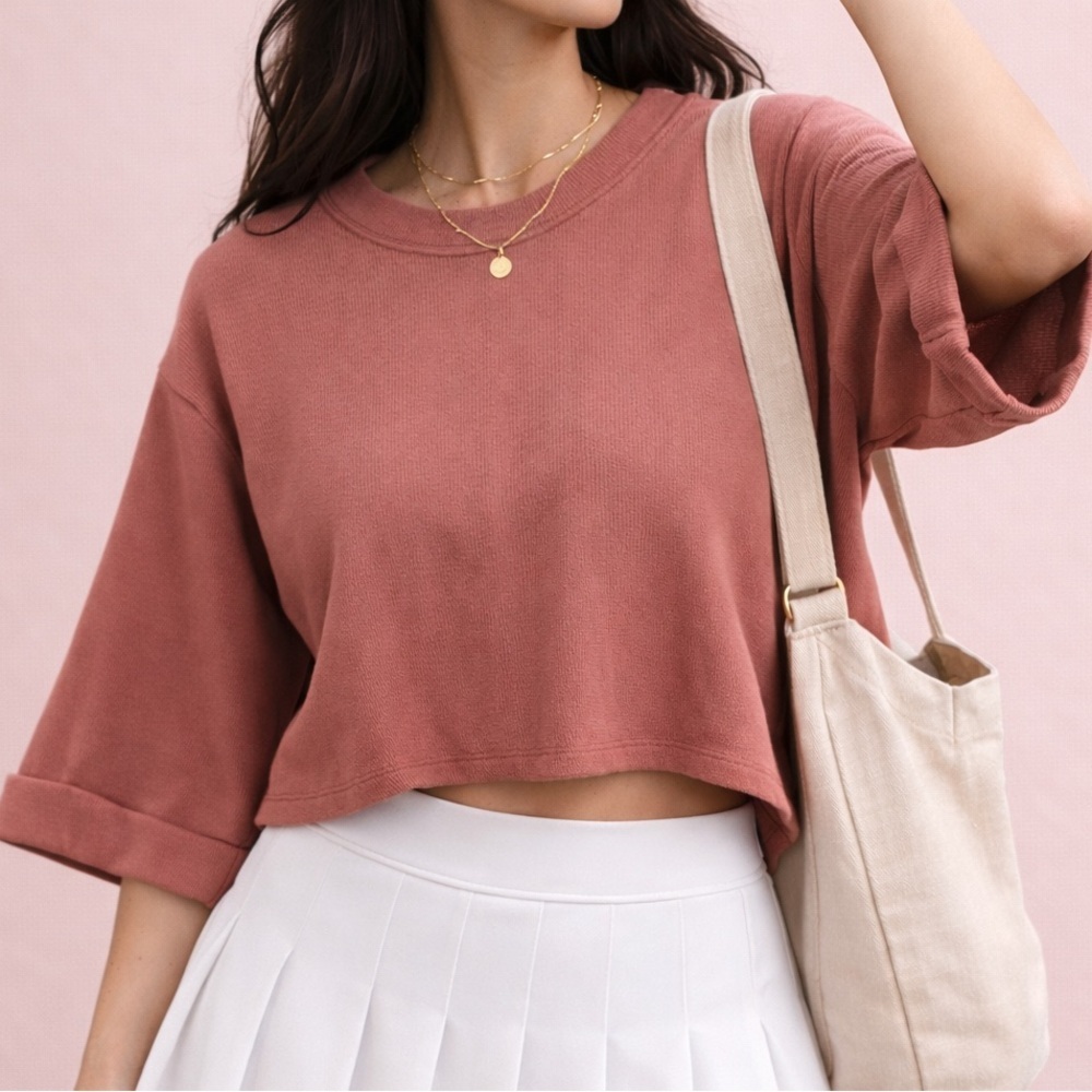 BB Dakota Ribbed Cropped Top Mauve Wide Sleeve Crewneck Blouse XS